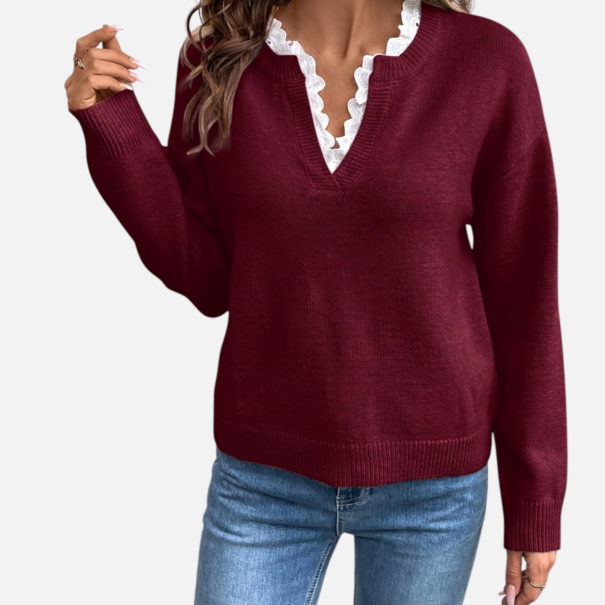 Beverly Moda | Women’s Lace Collar Knit Sweater